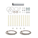 AST GMP-050 Spare Parts Kit showing replacement O-rings, fittings, springs, static mixers, and stainless steel braided hoses neatly arranged on a white background.