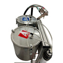 Top view of the AST GMP 025 system, highlighting dual stainless steel tanks labeled "A" and "B," connected to a precision dispensing wand with fluid hoses.