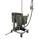 Rear view of the AST GMP 075-I, displaying the stainless steel tanks, motorized pump assembly, and dispensing hose connected to the applicator.