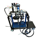 Angled view of the HG 341 5-gal x 1-gal adhesive dispensing system showing dual pump setup, pressure gauges, and fluid connections.