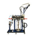 HG 437 dual-component pneumatic dispensing system with fixed-ratio metering, boom arm, and 55-gallon x 5-gallon pail setup