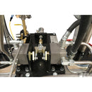 Close-up of HG SB dispensing system with dual metering cylinders and high-pressure fluid connections.