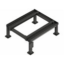 Heavy-duty welded steel industrial tote rack with black powder-coated finish, integrated pump mounting plate, and low-profile 15-inch dispensing clearance on a white background.
