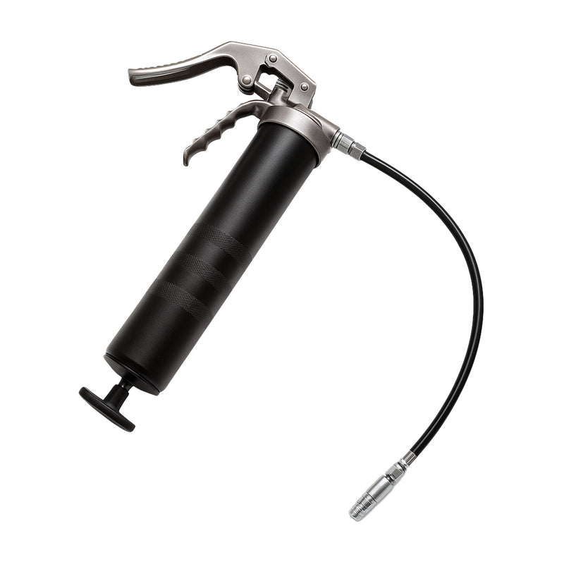 AST 13357A grease gun with flexible hose and ergonomic lever handle, designed for 14 oz grease tubes, shown on a white background.