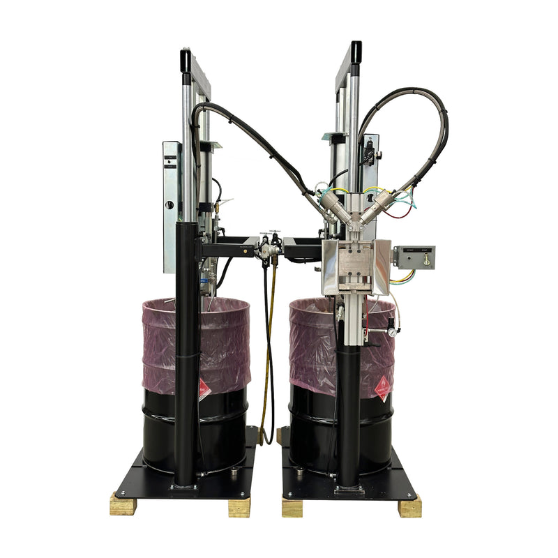 Front view of Two part adhesive cartridge filling system 55 gallon drum pump