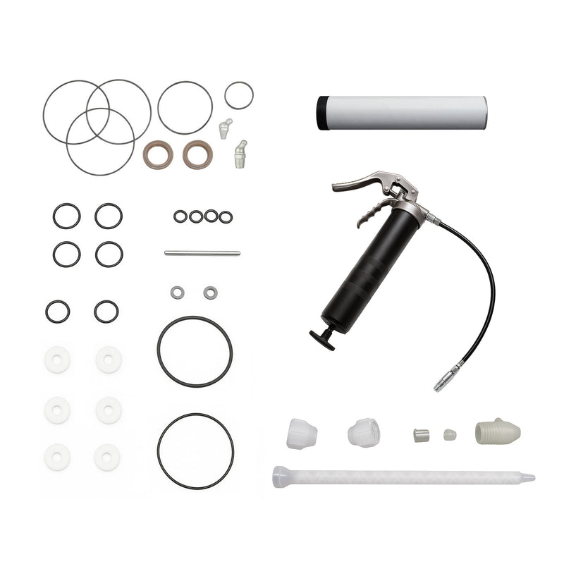 AST GMP-050 Spray Spare Parts Kit with pump repair kit, valve repair kit, static mixers, grease gun, and 14 oz tube of grease on white background.