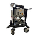 Rear view of AST GMP 075-I meter mix dispensing system showing control panel, motor, and hose connections