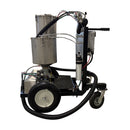 Side view of AST GMP 075-I industrial dispensing system with dual tanks, pump assembly, and wheeled frame