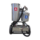 Front view of AST GMP 075-I high-volume meter mix dispensing system with stainless steel tanks A and B