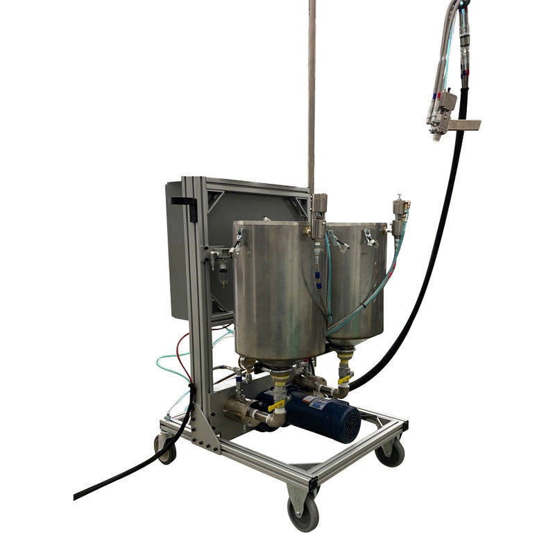 Rear view of the AST GMP 075-I, displaying the stainless steel tanks, motorized pump assembly, and dispensing hose connected to the applicator.