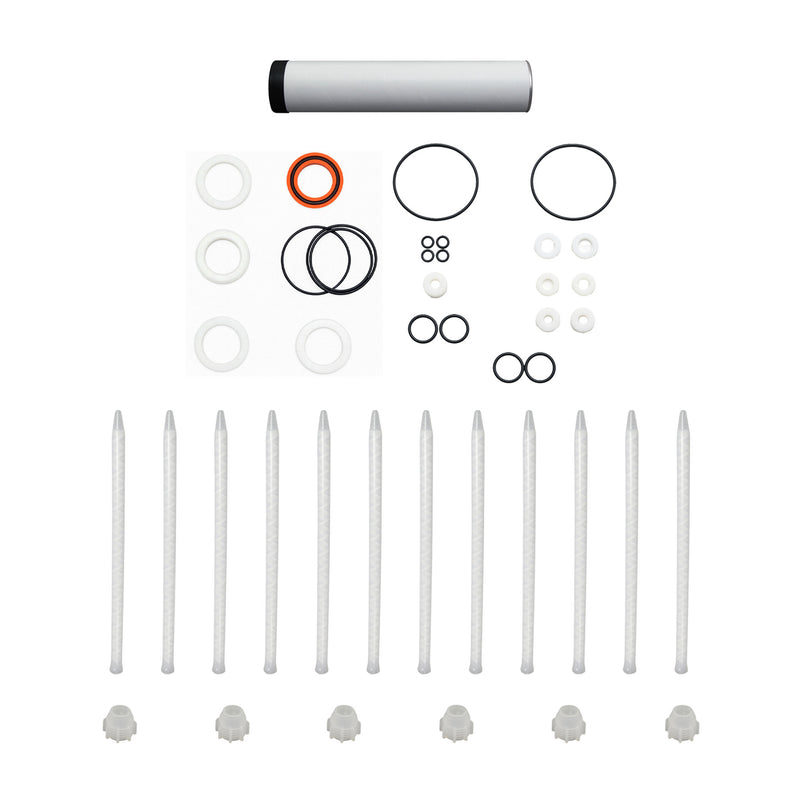 Complete AST RMP-624 Spare Parts Kit laid out with mixer elements, nuts, seals, and O-rings