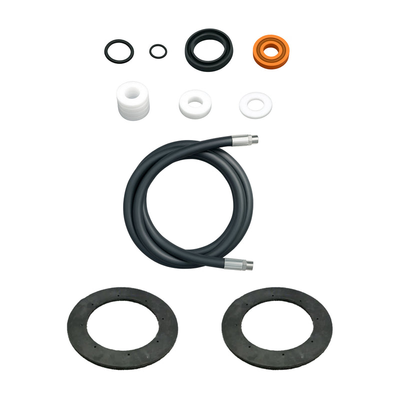 AST SP 5 Spare Parts Kit showing replacement seals, O-rings, wiper seals, and a 3/4" x 15' hydraulic material hose with silver fittings on a white background.