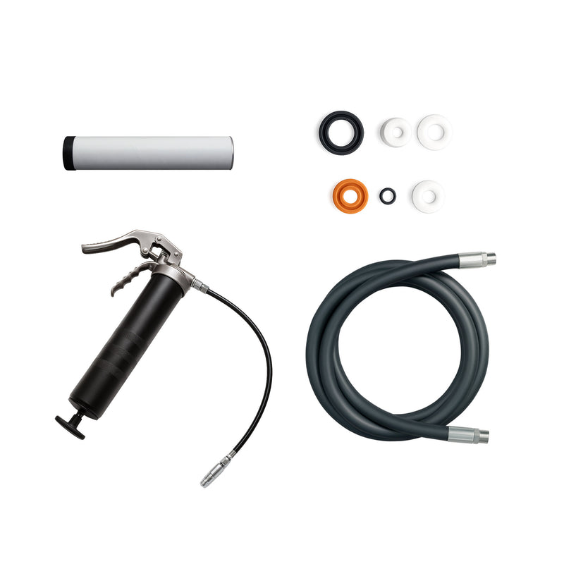 AST SP-55 Spare Parts Kit with pump repair kit, hydraulic hose, grease gun, and maintenance tube on white background