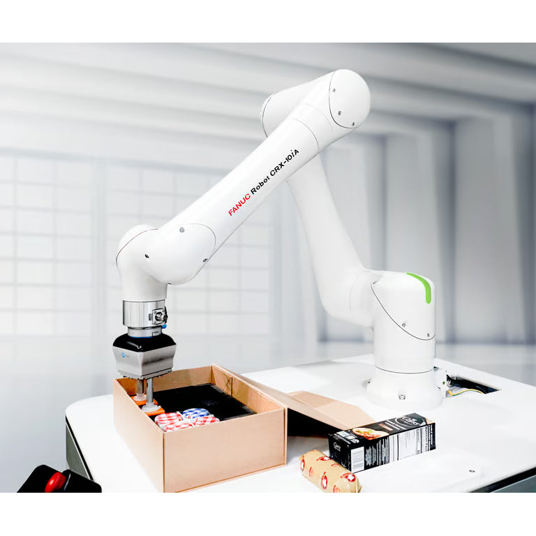 FANUC CRX-10iA food-grade cobot picking packaged food products into a box for hygienic automation