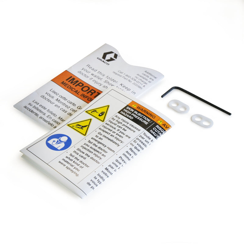 Graco instruction manual with warning labels, an Allen wrench, and mounting washers, included with the 288554 airless spray gun.