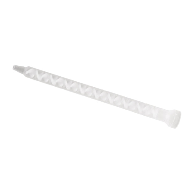 Infinity Bond 160-818 static mixer with 18 elements, featuring a bell inlet and stepped tip for 1:1 and 2:1 two-part adhesive dispensing.