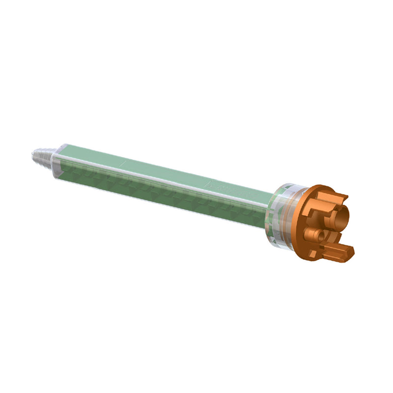 Infinity Bond MFQX 07-24T static mixer with F-Connect twist inlet and stepped tip for 4:1 and 10:1 MMA adhesives. Turbo mixer design.